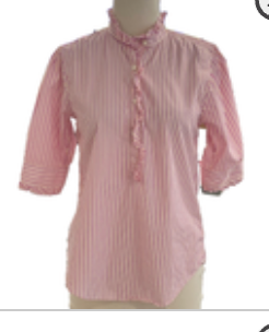 Ann Mashburn Elbow Sleeve Frill Shirt S Pink Striped Popover Button Down EUC