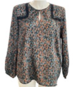 Soft Surroundings Women L Sheer Tunic Blouse Brown Blue Leopard Print