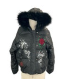 Ed Hardy Embroided Logo Tiger Roses Dragon Down Puffer Jacket Coat VTG Size XL