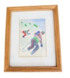 VTG Signed Watercolor Winter Landscape Scene Framed Snow Skier 8.5x11
