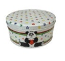 Tin Box Company Of America 1985 Panda Bear Low Round Lidded Heart Paws Rainbow