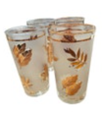 Vintage MCM Libbey Frosted Tom Collins Glasses Gold Leaf Pattern Set Of 4