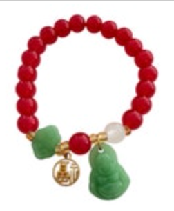 Wealth Lucky Fu Letter Buddha Charm Beaded Bracelet Red And Jade Green Stretch