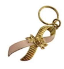 Vintage Avon Pink Ribbon Awareness Key Ring Keychain Gold Tone Rose EUC