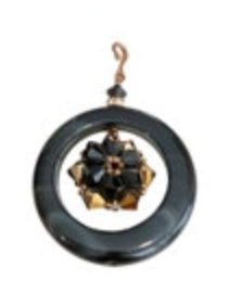 Black Donut Pendant Necklace Faceted Crystal Cluster Gold Tone Beaded Center