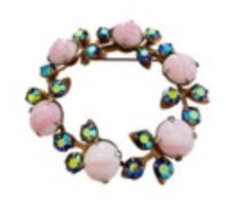Vintage Pink Art Glass Aurora Borealis Rhinestone Brooch Copper Tone Round Pin