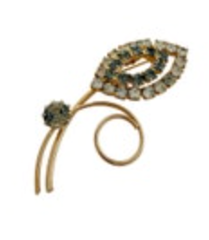 Gold Tone Grey Clear Rhinestone Leaf Flower Pin Brooch Vintage