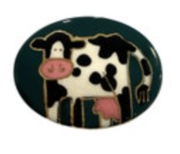Ceramic Glazed Handmade Oval Black White Pink Cow Green Background Brooch Pin