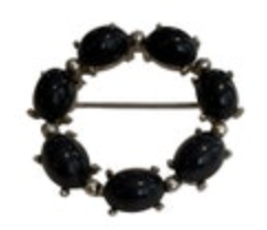 VTG Silver Tone Round Black Cabachon Pin Brooch Wreath