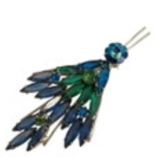 Vintage Silver Tone Green Blue Rhinestone Bird Brooch Mid Century Pin
