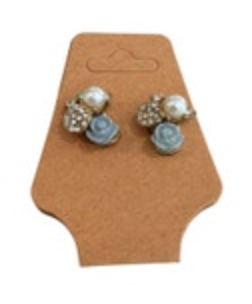 Vintage Floral Blue Rose Earrings Faux Pearl Rhinestone Pastel Cluster Gold Tone