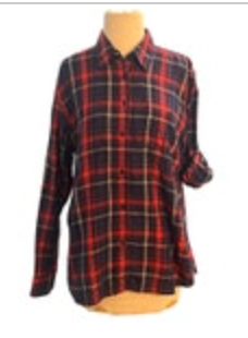 LRL Lauren Jeans Co Red Navy Blue Flannel Plaid Shirt Roll Tab Sleeves Pockets L
