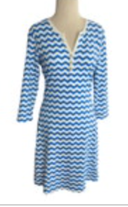 J.McLaughlin Blue White Zig Zag Striped V-Neck 1/4 Button Bodycon Dress Small