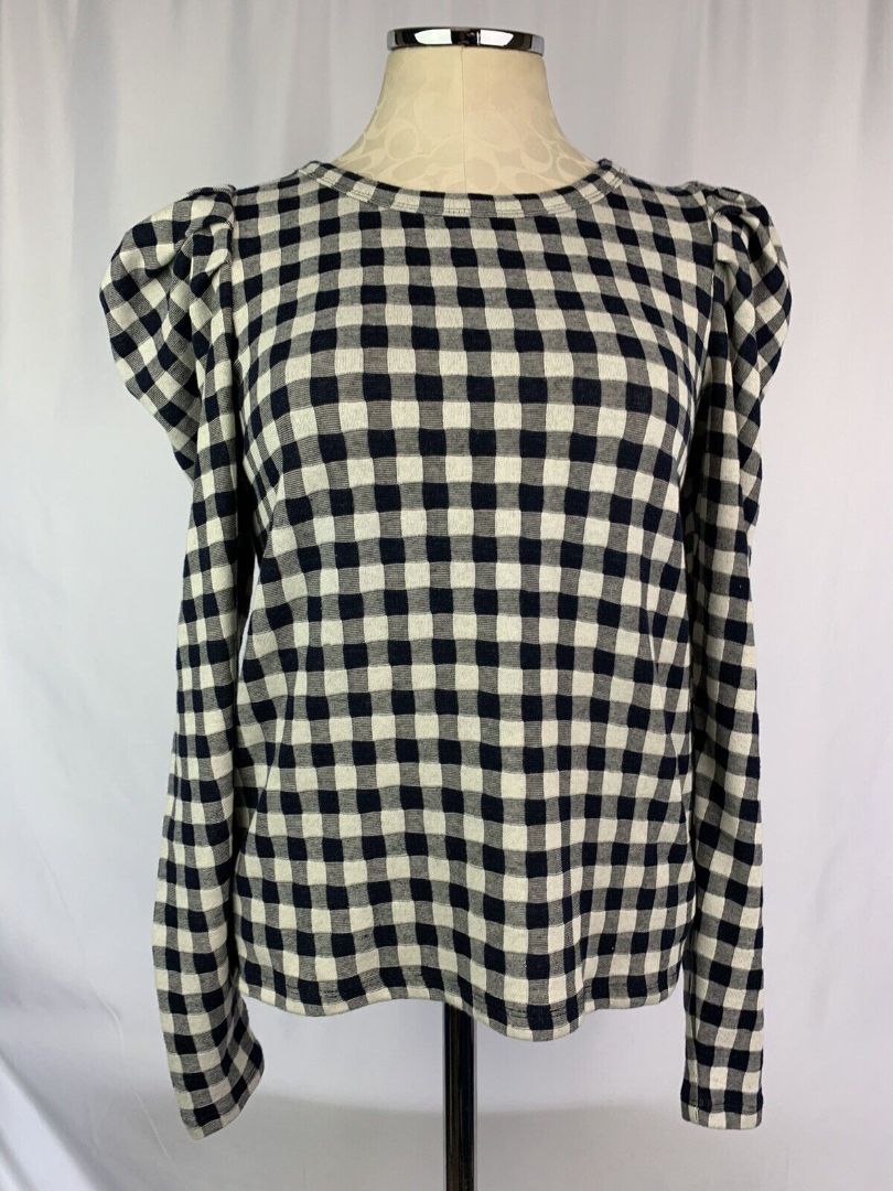 XS Ann Taylor Loft Long Sleeve Pullover Top Women's Navy Blue Tan Check
