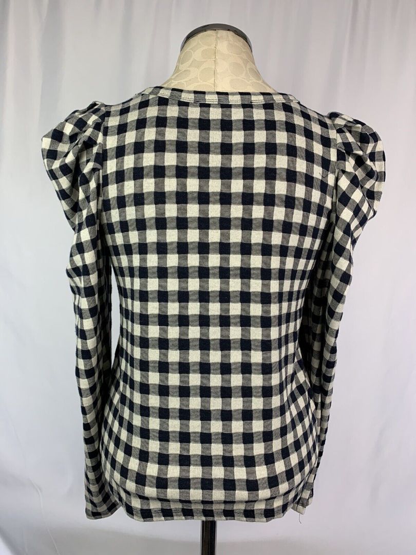 XS Ann Taylor Loft Long Sleeve Pullover Top Women's Navy Blue Tan Check