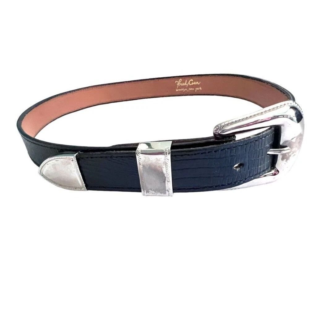 Medium Fred Coen Navy Blue Snakeskin Embossed Leather Western Belt Womens