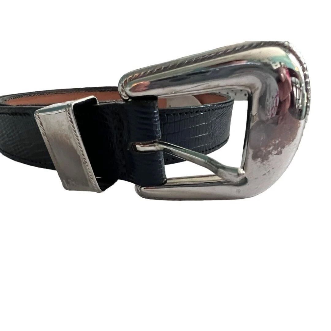 Medium Fred Coen Navy Blue Snakeskin Embossed Leather Western Belt Womens