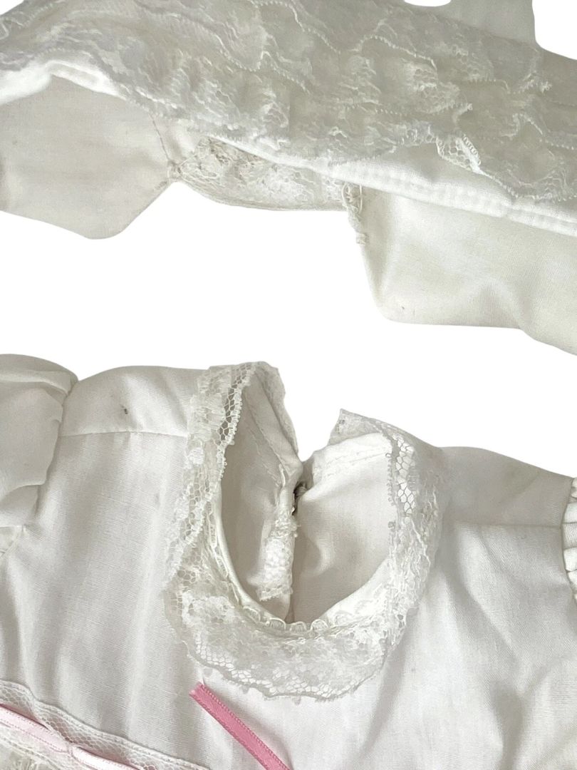 Vintage Christening Gown Bonnet Baby Baptism Long Dress Lace Pink Ribbon