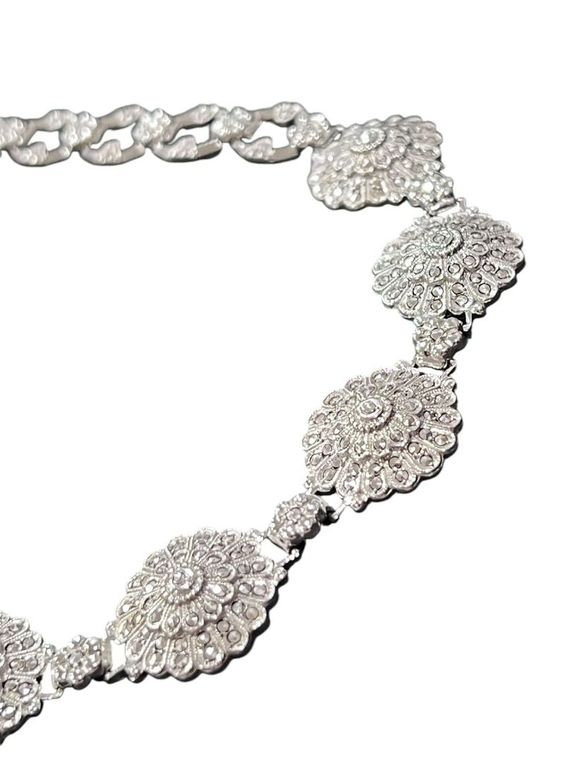 Sterling Silver Round Marcasite Statement Necklace Evening Formal 16”