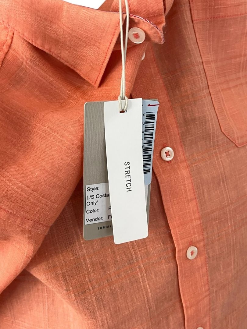 Medium Tommy Bahama New Mens Costa Tautira Passion Peach Stretch Linen Shirt