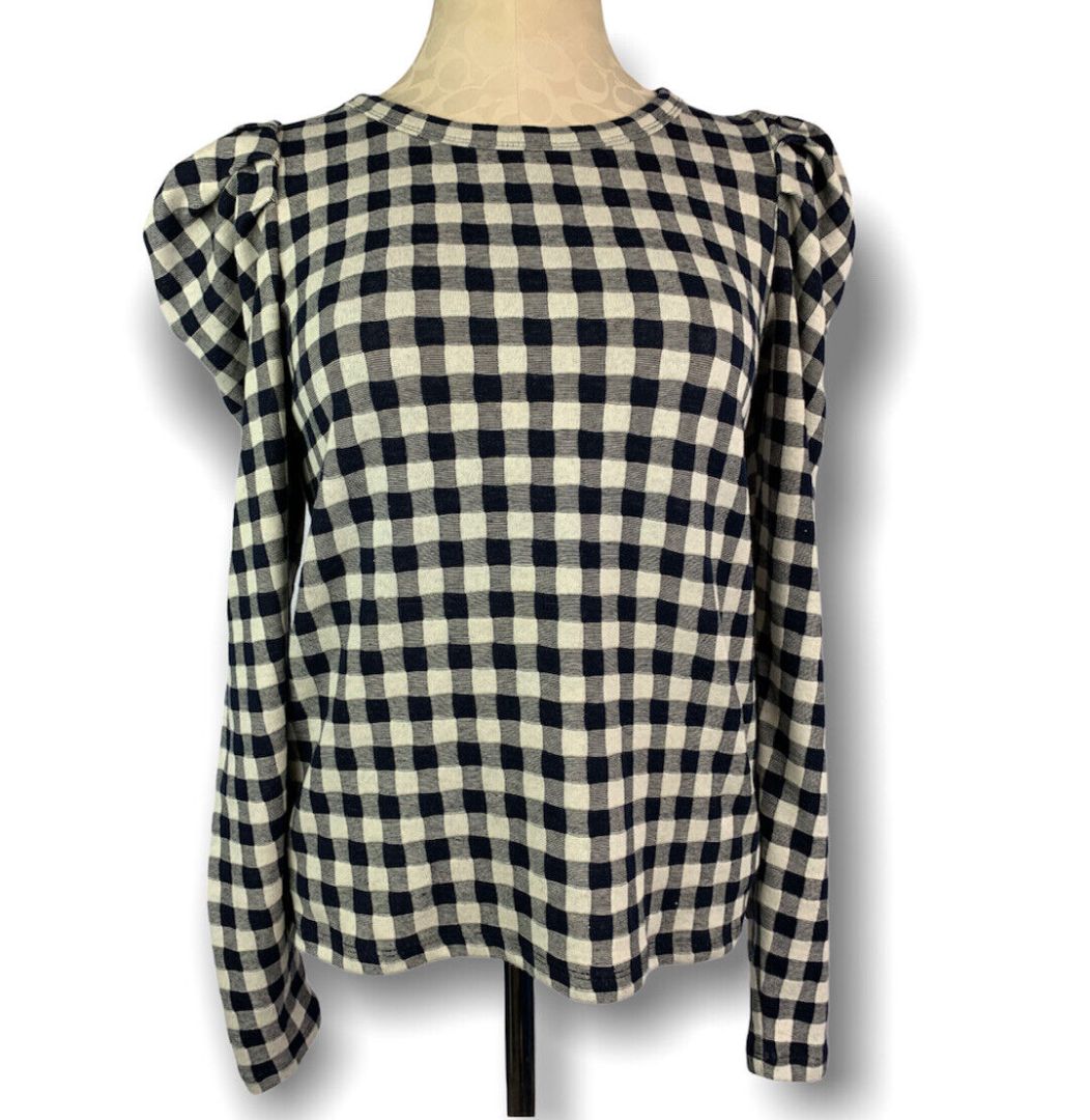 XS Ann Taylor Loft Long Sleeve Pullover Top Women's Navy Blue Tan Check