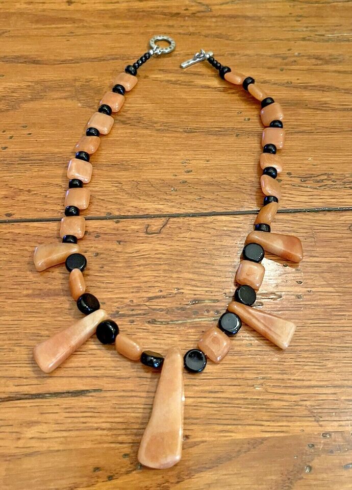 18" Handmade Square Round Dangle Stone Beaded Necklace Black & Brown Toggle