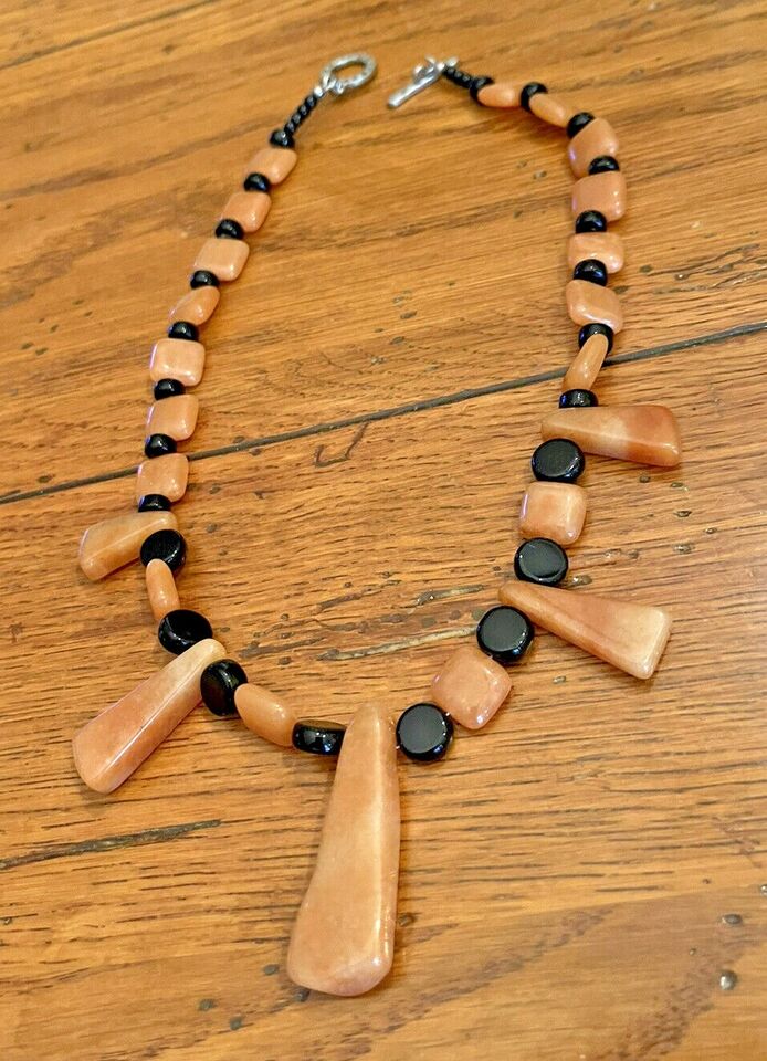 18" Handmade Square Round Dangle Stone Beaded Necklace Black & Brown Toggle