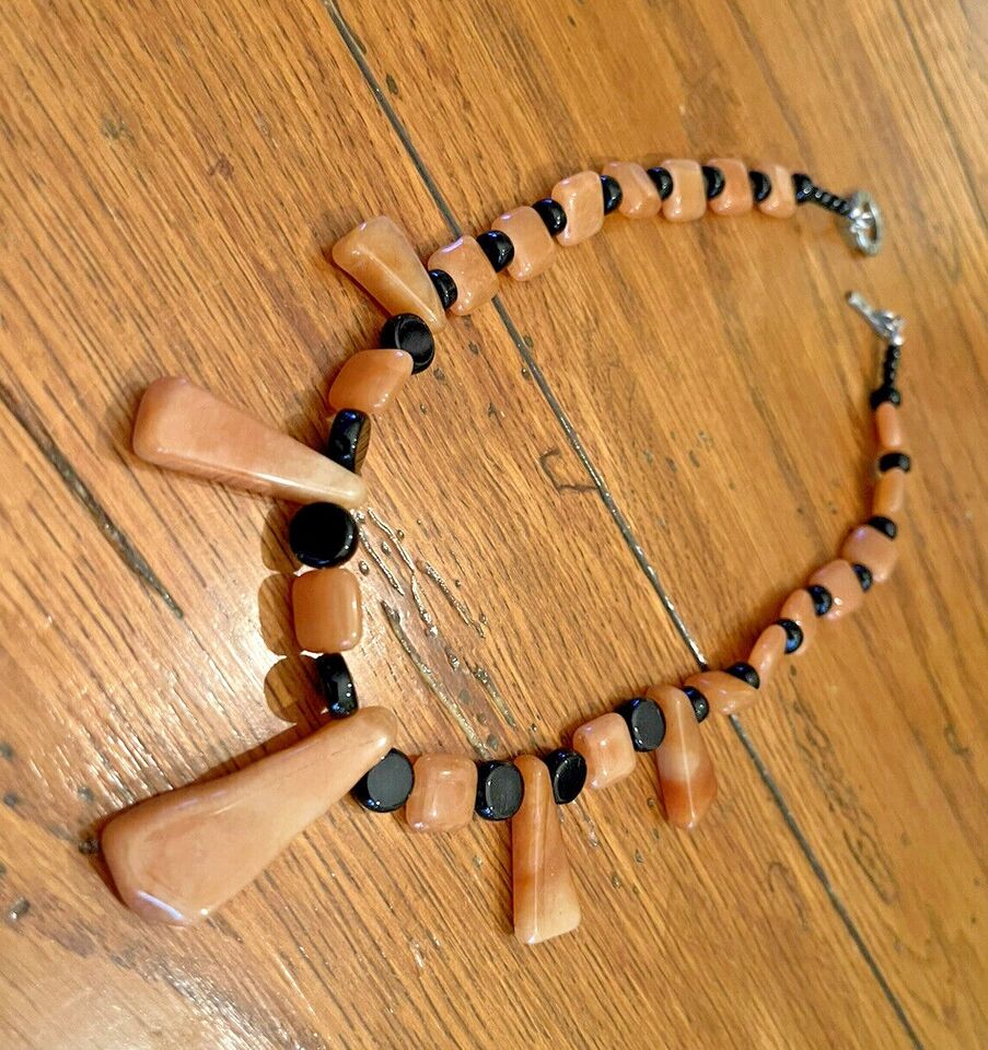 18" Handmade Square Round Dangle Stone Beaded Necklace Black & Brown Toggle