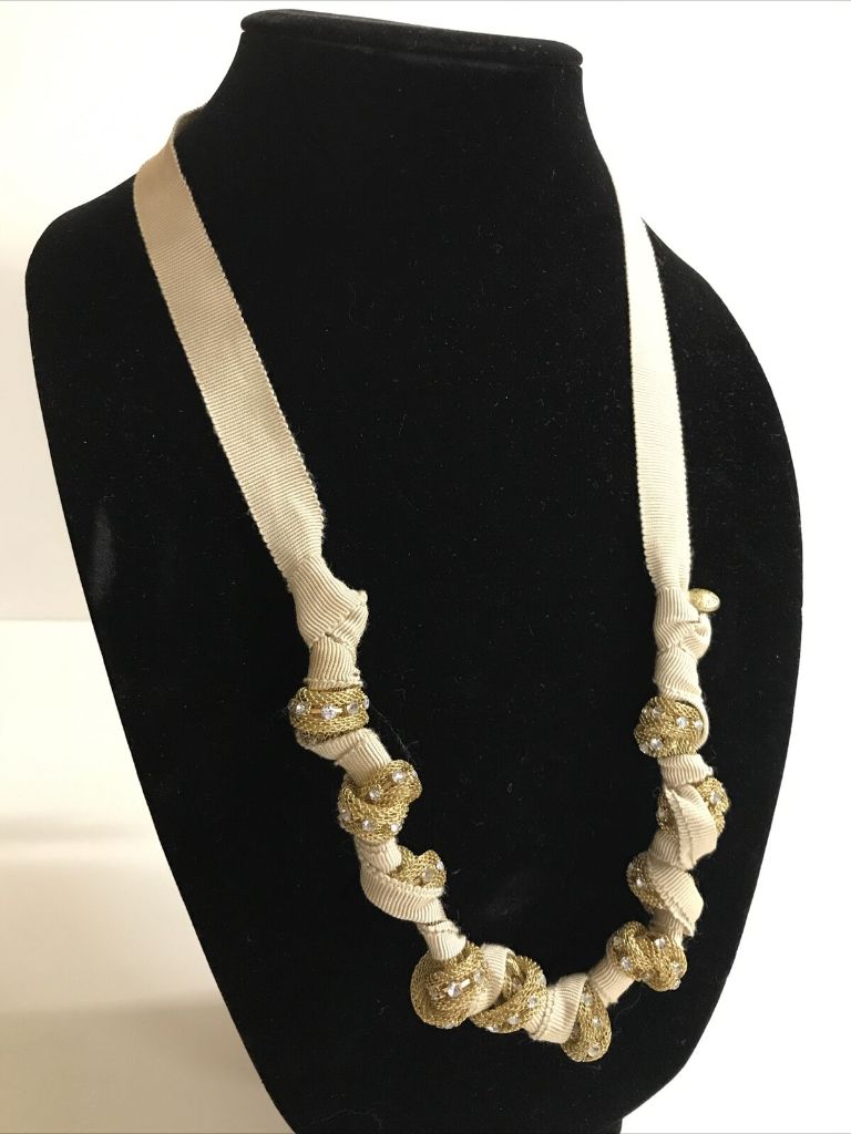 J.Crew Tan Grosgrain Ribbon Necklace Goldtone and Rhinestone Chain Knotted