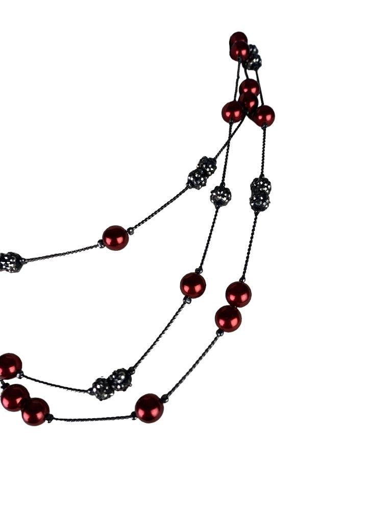 Signed RMN Triple Strand 16" Necklace Red Rhinestone Pewter Color