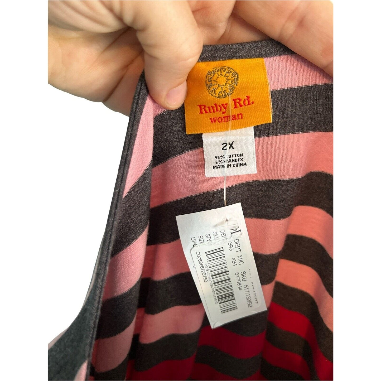 2X Ruby Rd. Blouse Shirt Multi-Stripe Pink Red Gray 3/4 Sleeve Plus Size NWT