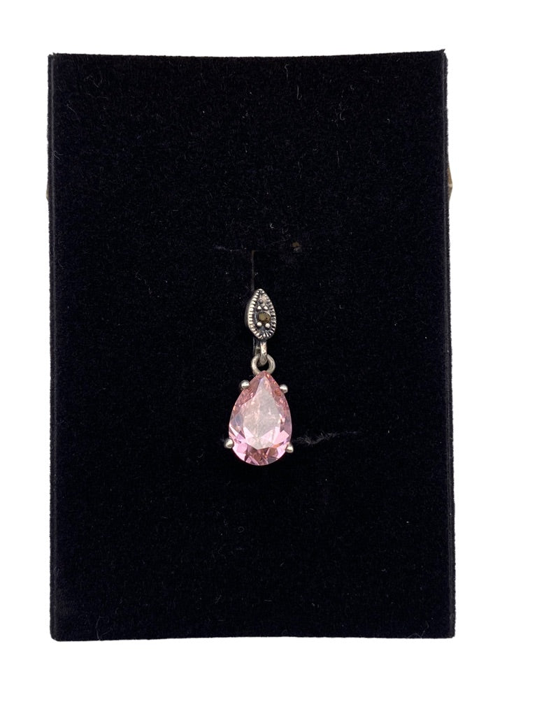 Sterling Silver Pendant 1" Drop Pink Artificial Pear Shaped Stone