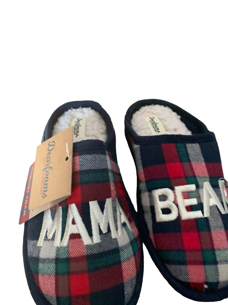 Small (5/6) Dearfoams Women's New Hard Bottom "Mama Bear" Slippers Navy Red Plaid