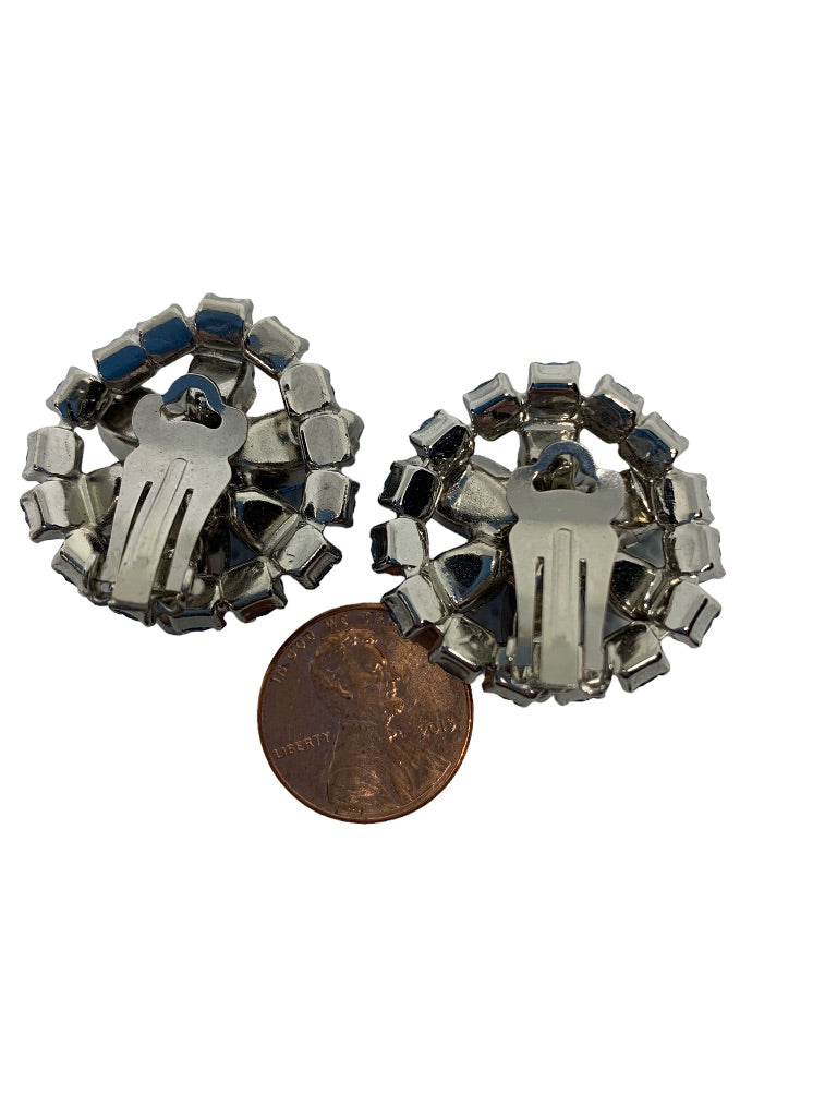 Vintage Blue Rhinestone Clip On Earrings Floral Design 1" Diameter