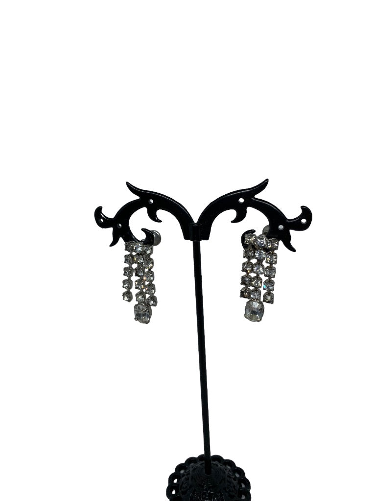 Vintage Rhinestone Earrings 3 Strand Dangle 1" Drop Screwback Non-Pierced