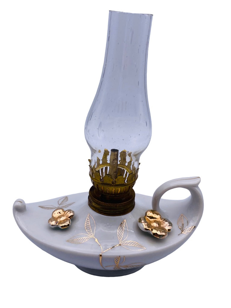 Vintage 6" Oil Lamp with Hurricane Glass White Ceramic Japan Gold Trim