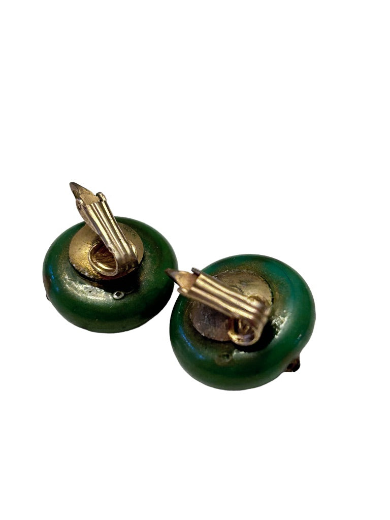 Vintage Green Abstract Dot Clip On Non-Pierced Earrings Goldtone .75"