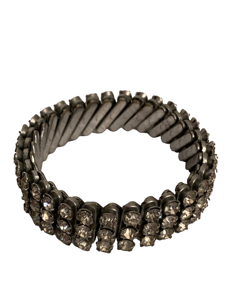 Vintage Rhinestone 3 Row Stretch Bracelet Silvertone Setting