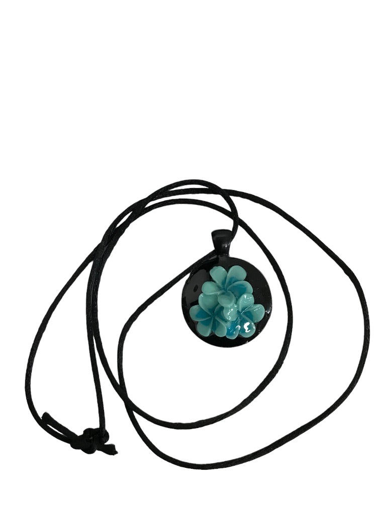 Black Satin Cord Necklace Acrylic 1" Pendant Turquoise Flowers