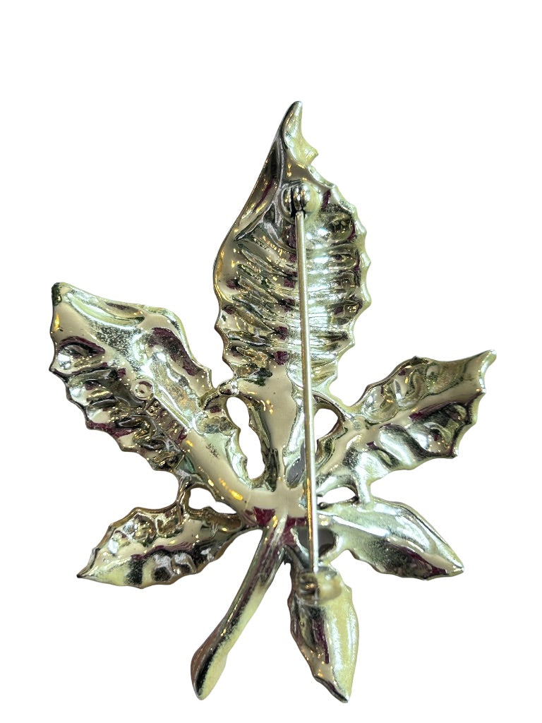 Vintage Signed BSK Goldtone Leaf Brown Painted Rhinestone Detail 2 3/4"