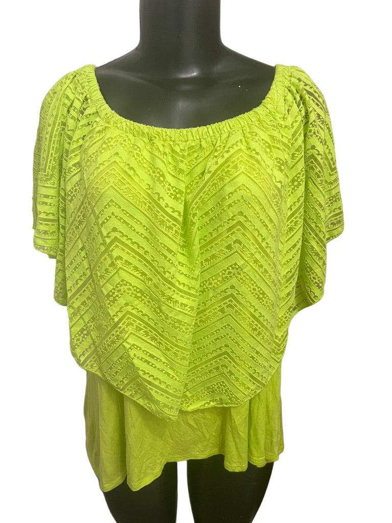 18/20 Avenue Women's Neon Green Burnout Shirt Lined Off Shoulder