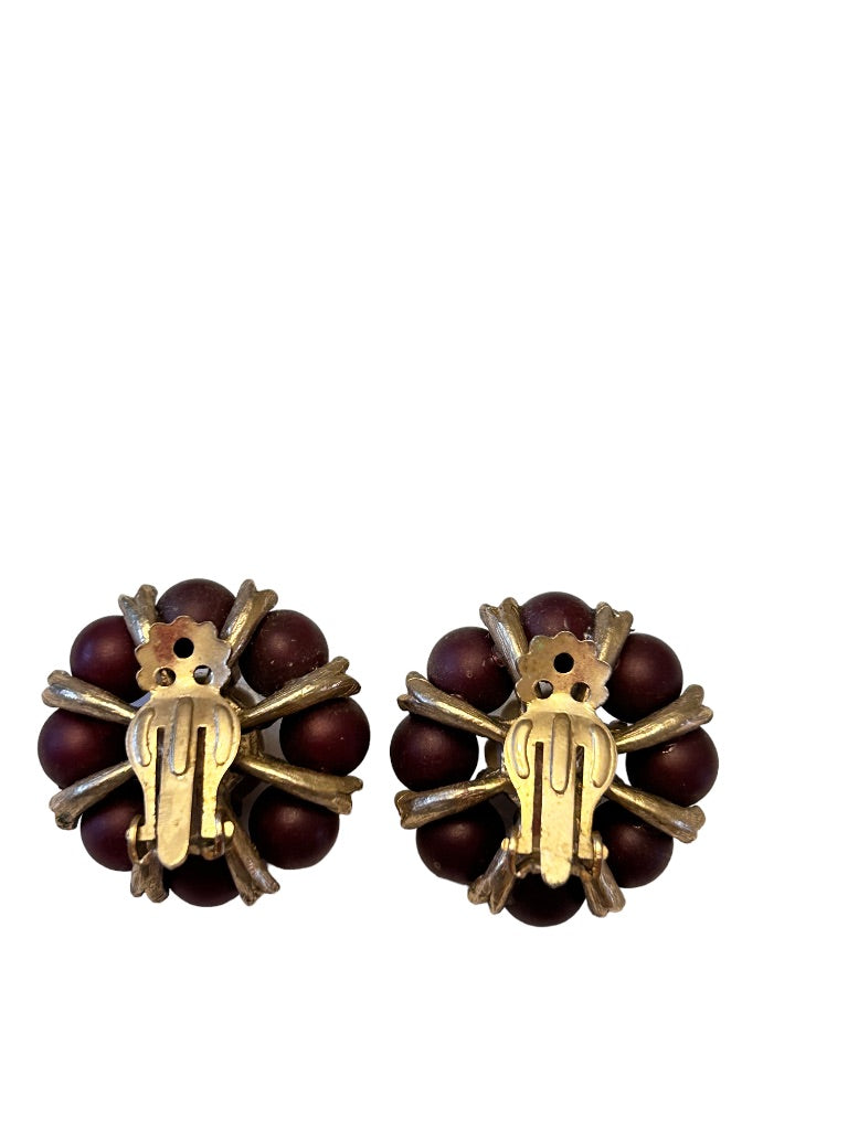 Vintage 1960s Clip On Non-Pierced Earrings Purple Bead Flower Shape 1 1/4"