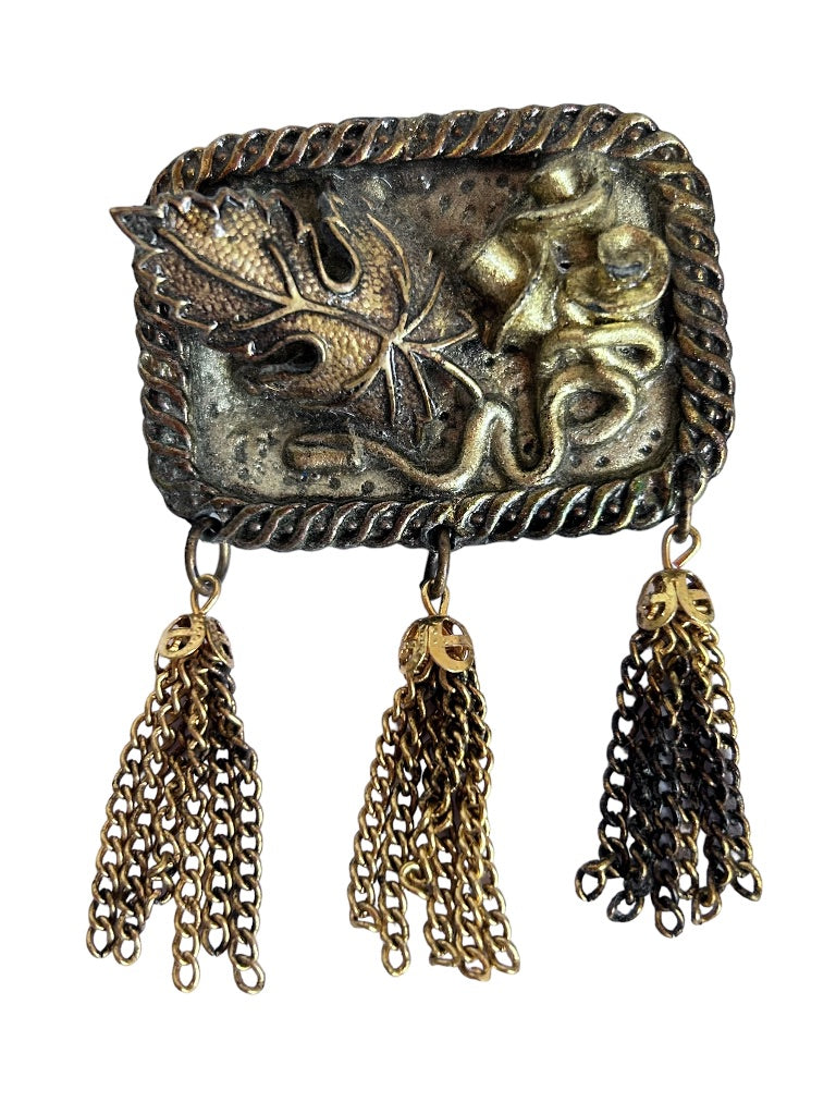 Antiqued Goldtone Rectangle Brooch Leaf and Flower Tassels 2"w x 2.75"l