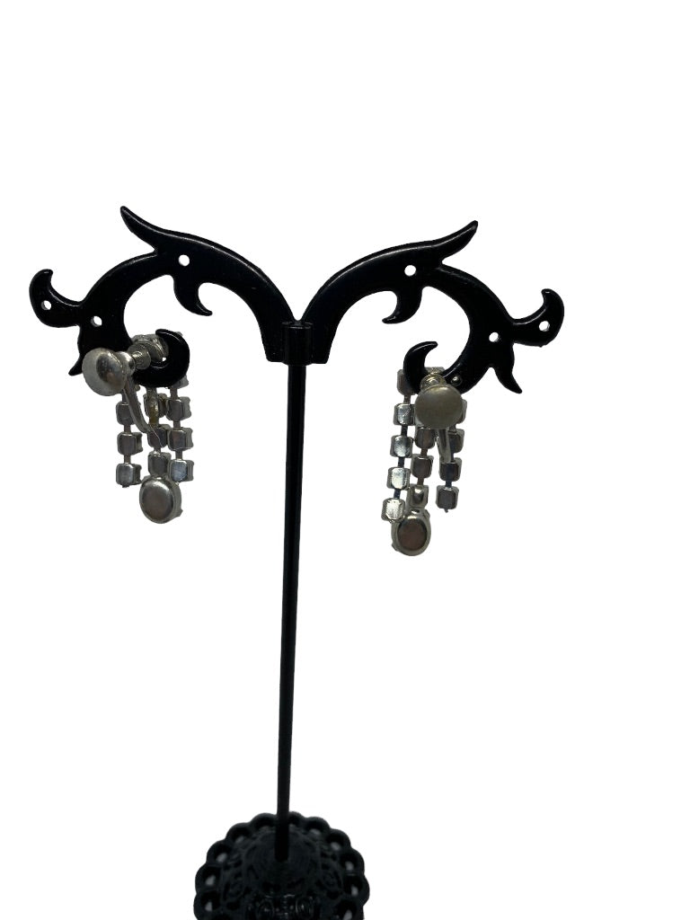 Vintage Rhinestone Earrings 3 Strand Dangle 1" Drop Screwback Non-Pierced