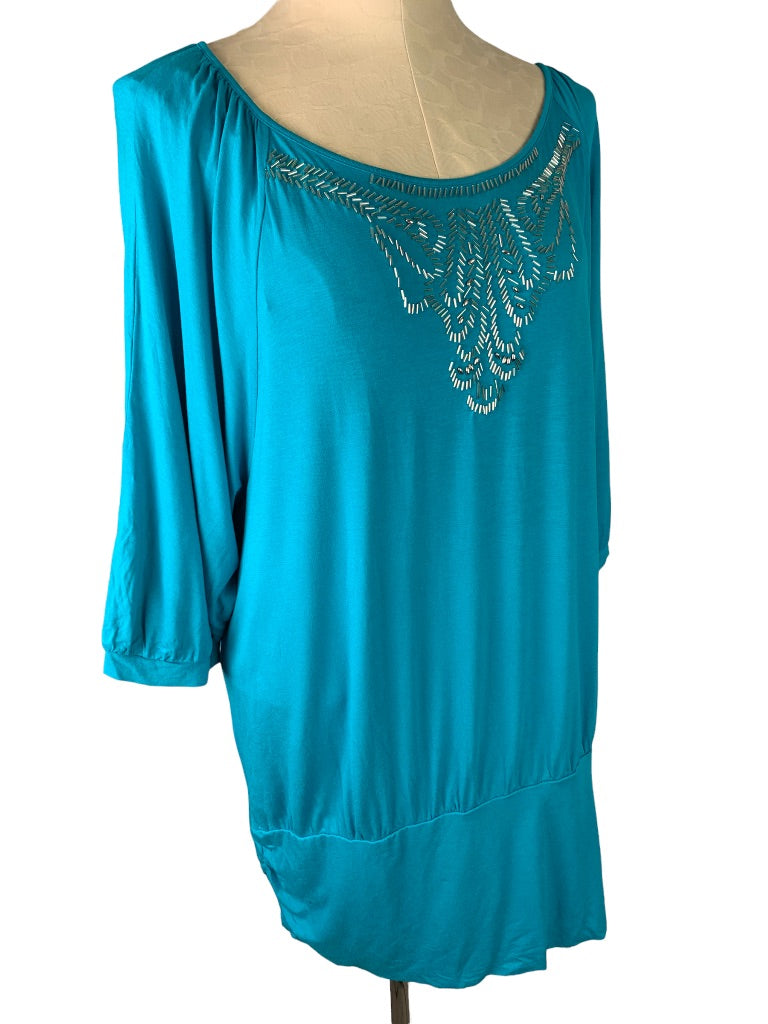 18/20 Lane Bryant Teal Beaded Neckline Soft 3/4 Sleeve Blouson Jersey Knit Top