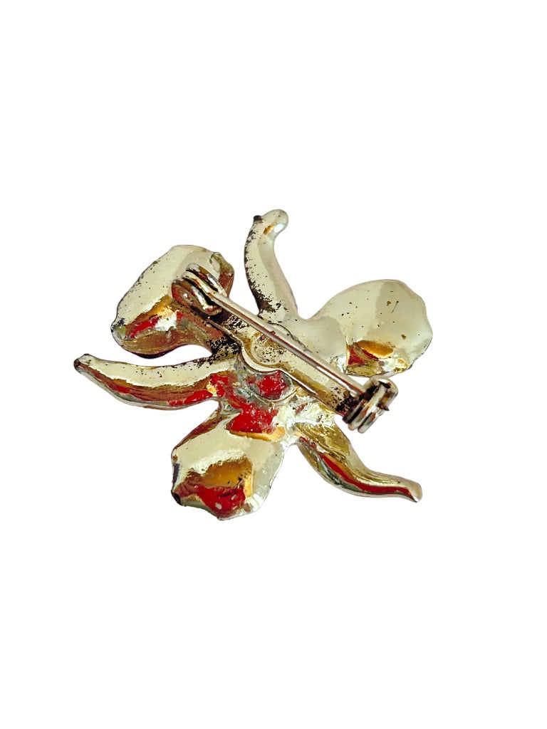 Vintage Lily Flower Brooch Pin 1.25"D Pink and Ivory Enameled Goldtone