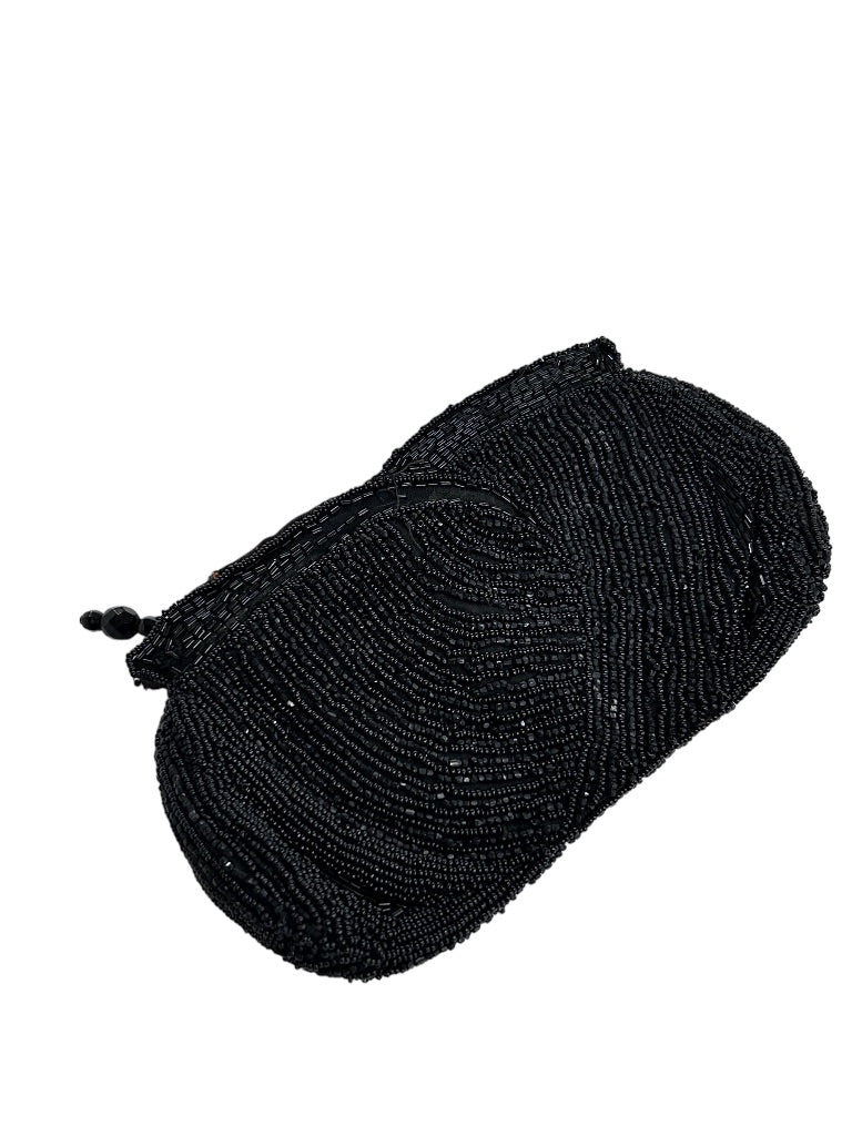 Small Vintage Black Clutch Zip Top Beaded Black Bag with Hand Strap