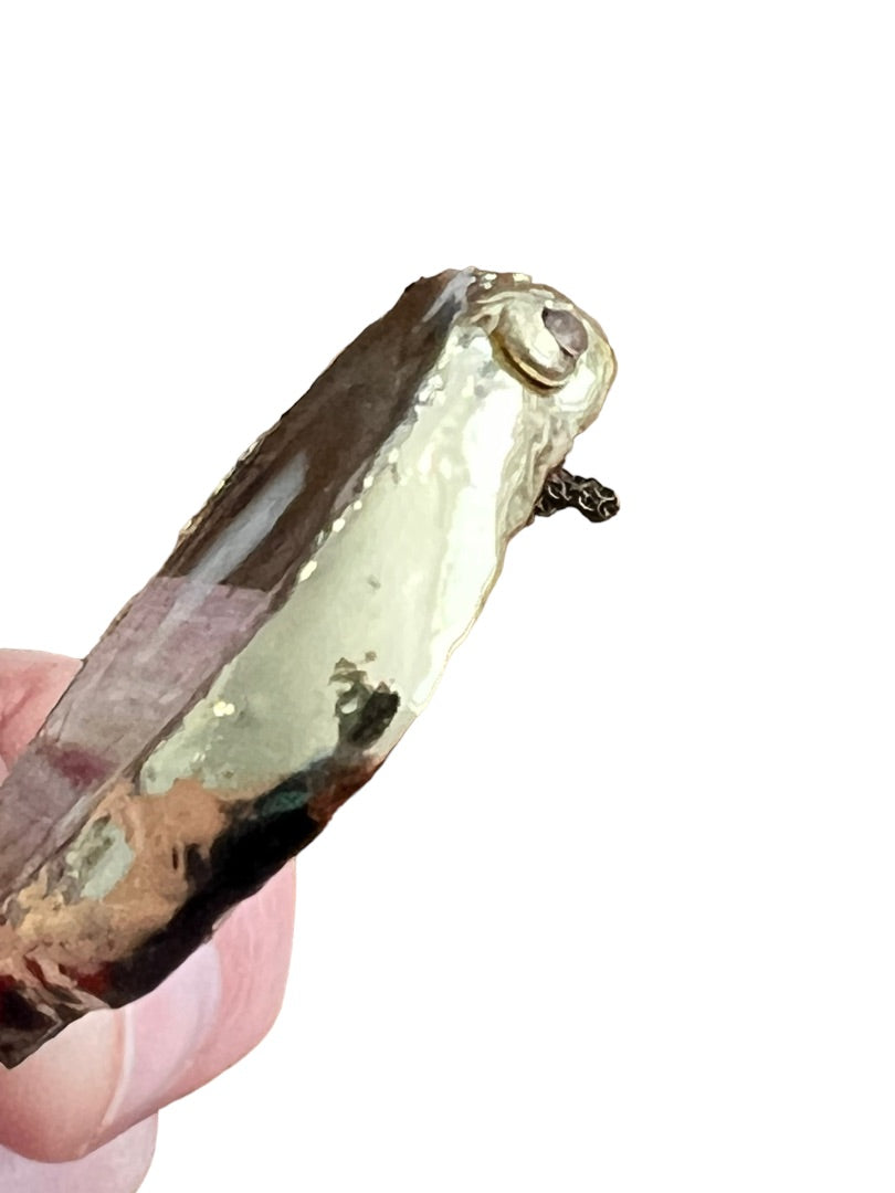 Black Agate Gold Sided Pendant Necklace 32" chain Stone 1.75" x 1.5"