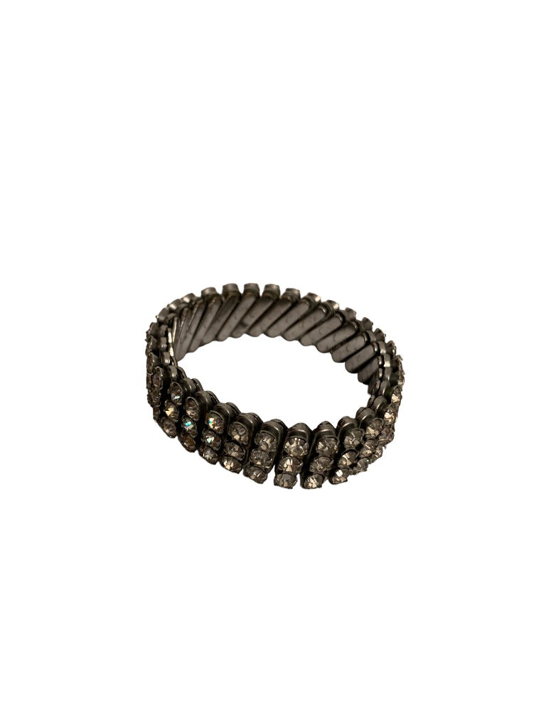 Vintage Rhinestone 3 Row Stretch Bracelet Silvertone Setting