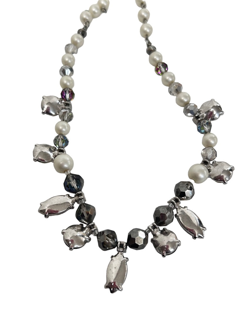Vintage Faux Pearl Crystal 17" Necklace Hook Closure